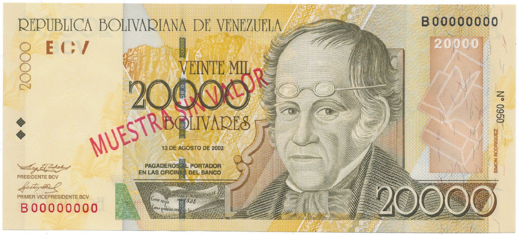 Venezuela, 20.000 Bolivares 2002, anulát - MUESTRA SIN VALOR, P.86bs