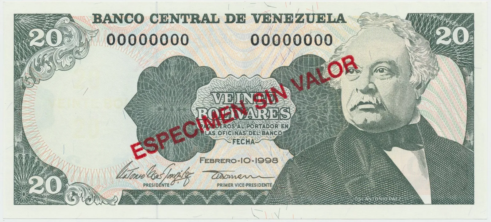 Venezuela, 20 Bolivares 1998, anulát - ESPECIMEN SIN VALOR, P.63fs