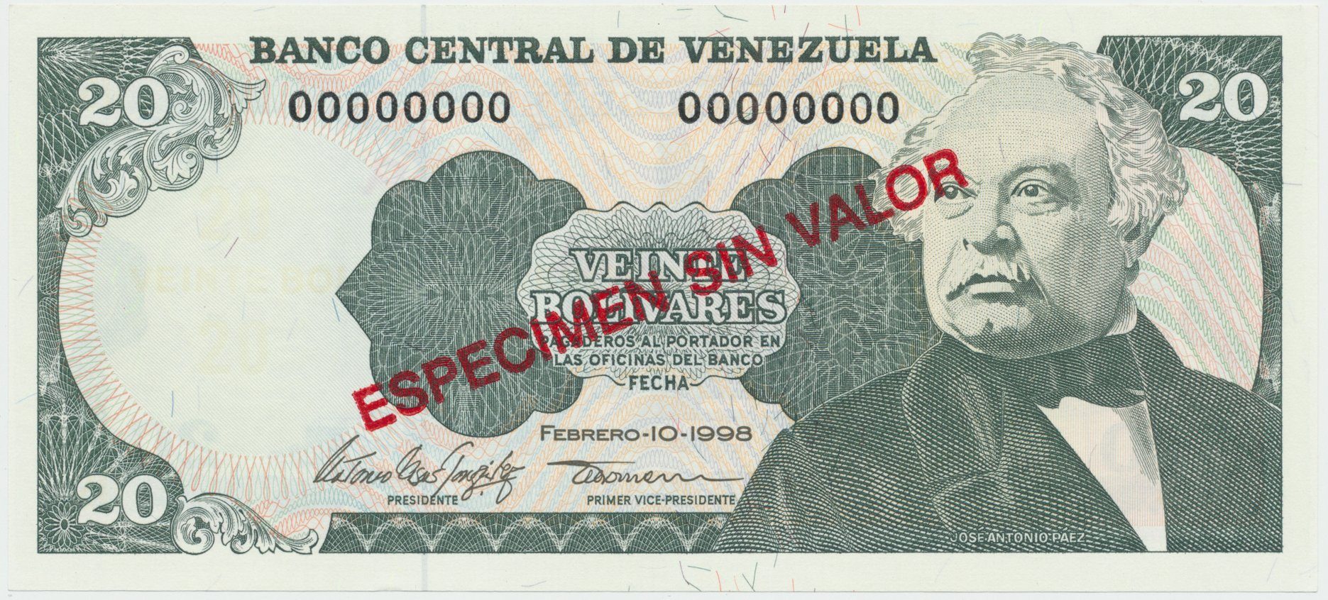 Venezuela, 20 Bolivares 1998, anulát - ESPECIMEN SIN VALOR, P.63fs
