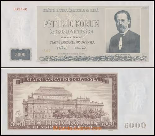 1952 ČSR II. Ba.N12, nevydaná bankovka 5000Kčs - 9.5.1952, náhledová montáž pro schvalovací účely; pravděpodobně se jedn