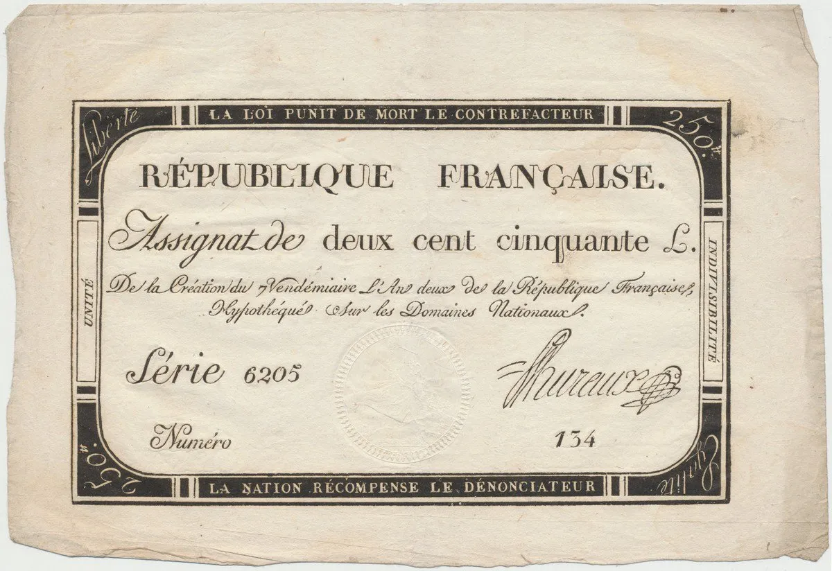 Francie, 250 Livres 1793, P.A75, včetně archového okraje