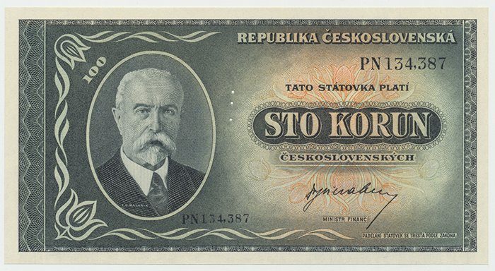 Československo, 100 Koruna b.d. (1945), perforace 3 md svisle, Hej.74a.S1
