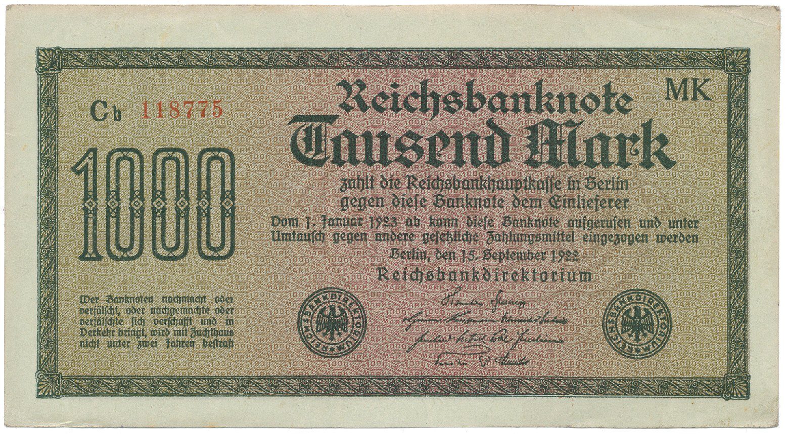 Německo, 1000 Mark 1922, vod. Wellen, 6-místné číslo, Ro.75q