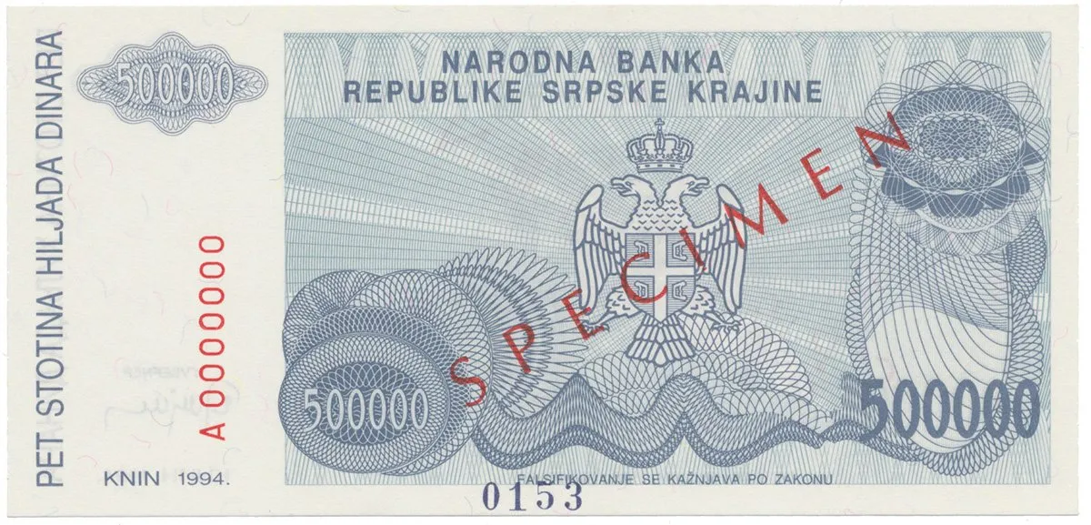 Chorvatsko, 500.000 Dinara 1994, anulát - SPECIMEN, P.R32s