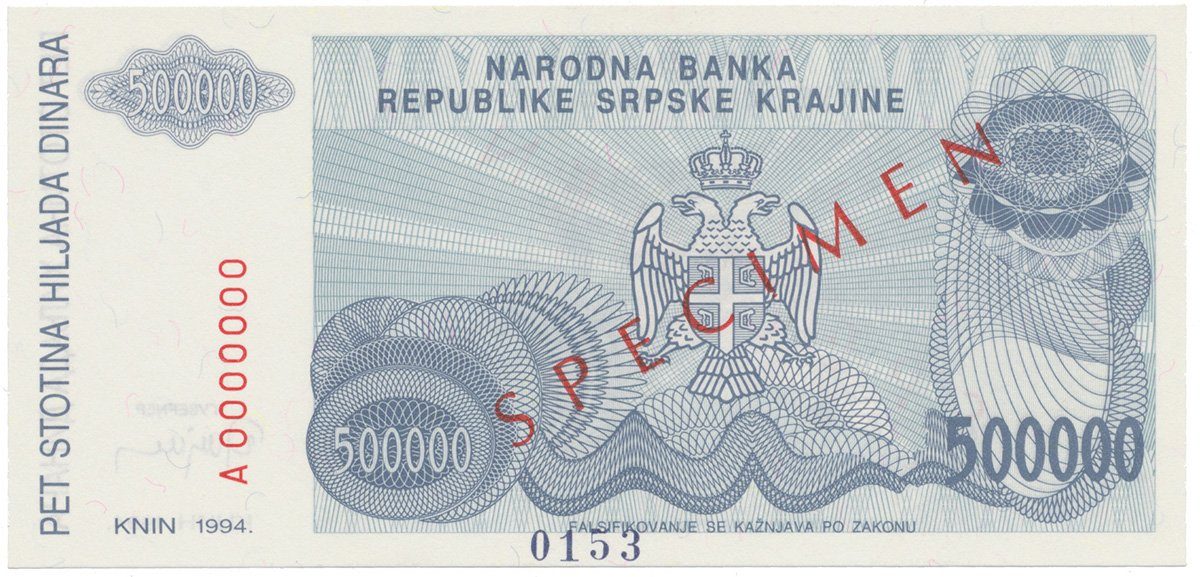 Chorvatsko, 500.000 Dinara 1994, anulát - SPECIMEN, P.R32s
