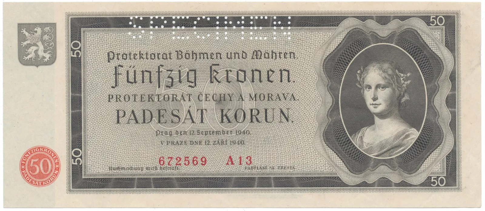 50 Koruna 1940, SPECIMEN, Hej.34a.S1