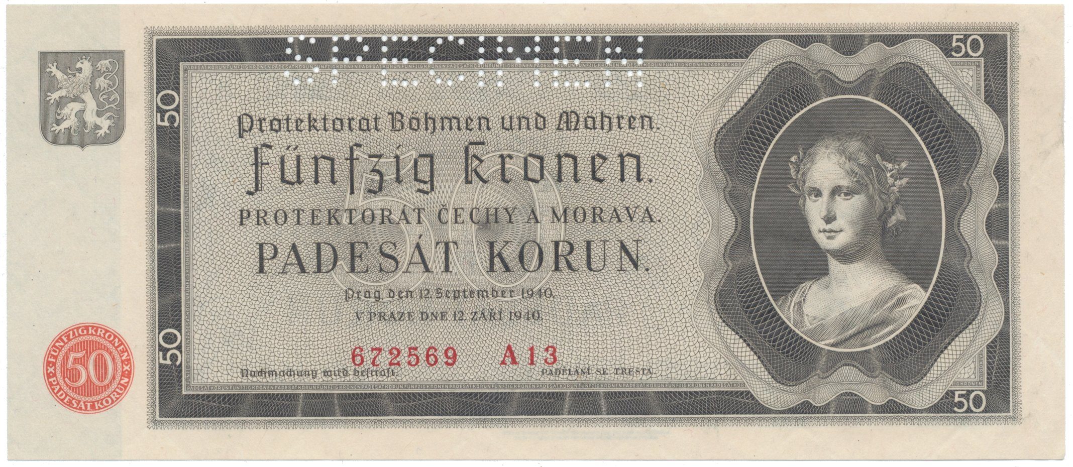 50 Koruna 1940, SPECIMEN, Hej.34a.S1