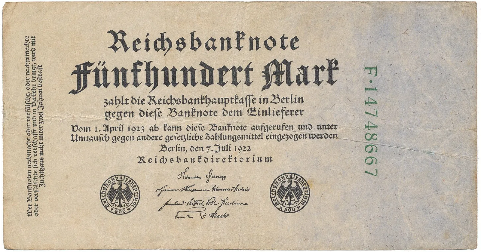 Německo, 500 Mark 1922, zelený 8-místný číslovač, Ro.71c