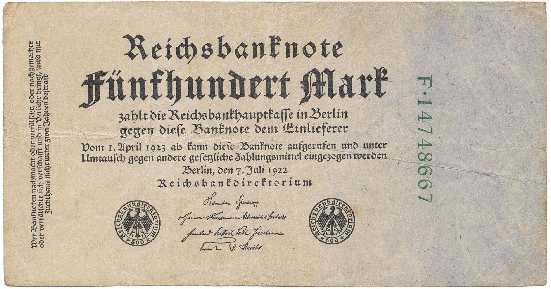 Německo, 500 Mark 1922, zelený 8-místný číslovač, Ro.71c