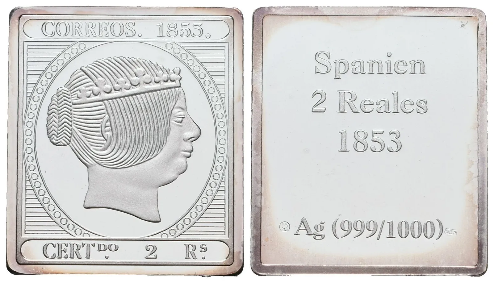 Stříbrná známka - Španělsko - královna Isabela z roku 1853 - Ag 7 g - 999/1000