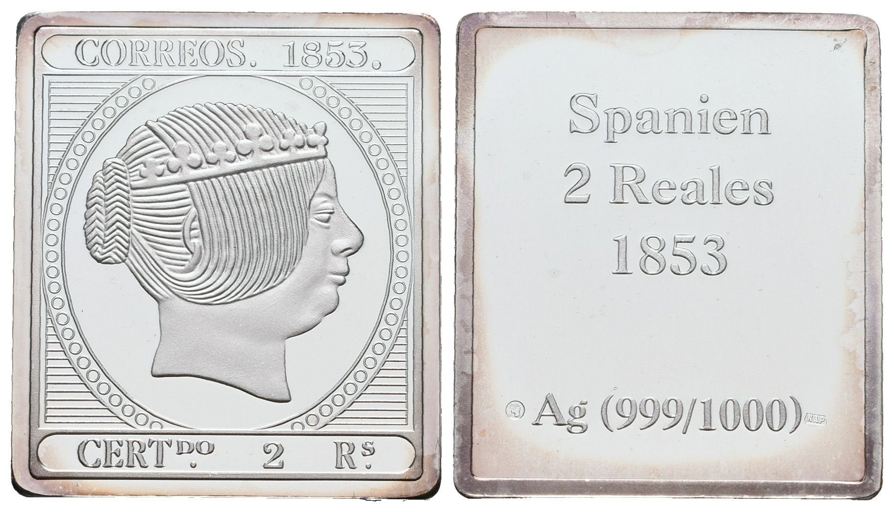 Stříbrná známka - Španělsko - královna Isabela z roku 1853 - Ag 7 g - 999/1000
