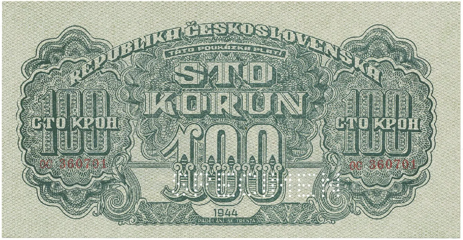 Československo, 100 Koruna 1944, číslovač 19 mm, perf. 1x SPECIMEN dole, Hej.66a.S2