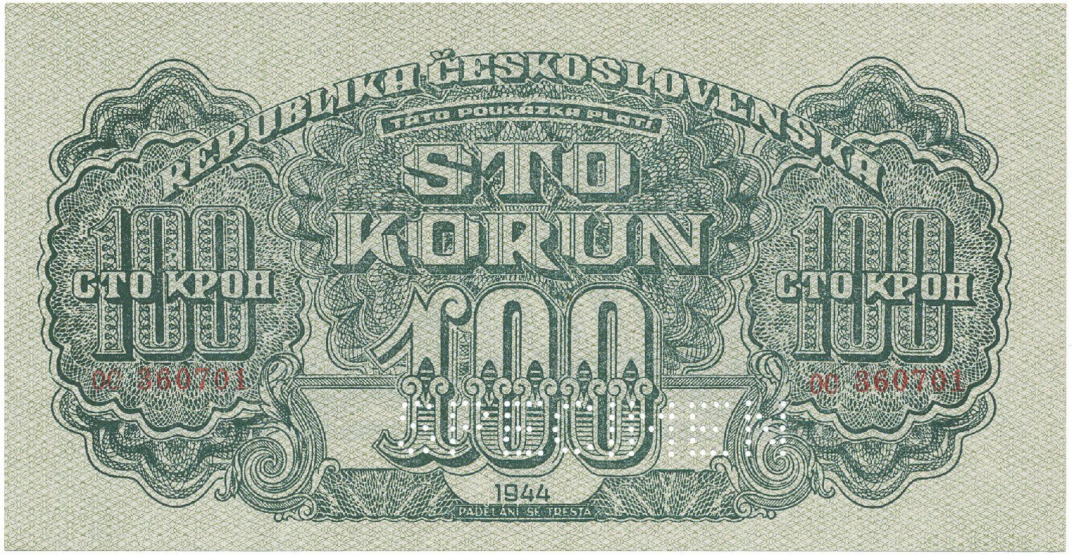 Československo, 100 Koruna 1944, číslovač 19 mm, perf. 1x SPECIMEN dole, Hej.66a.S2