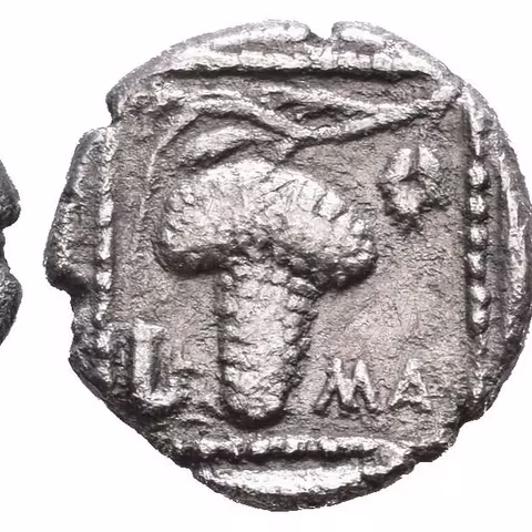 Drachma, 480 - 450 př. Kr., Přední část koně zleva, monogramy / Vinná réva ve čtverci,