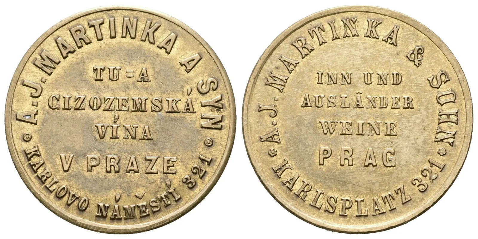 Praha - A. J. Martinka a syn, vinařství, reklamní žeton. Ms 27,5 — 1