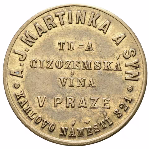 Praha - A. J. Martinka a syn, vinařství, reklamní žeton. Ms 27,5