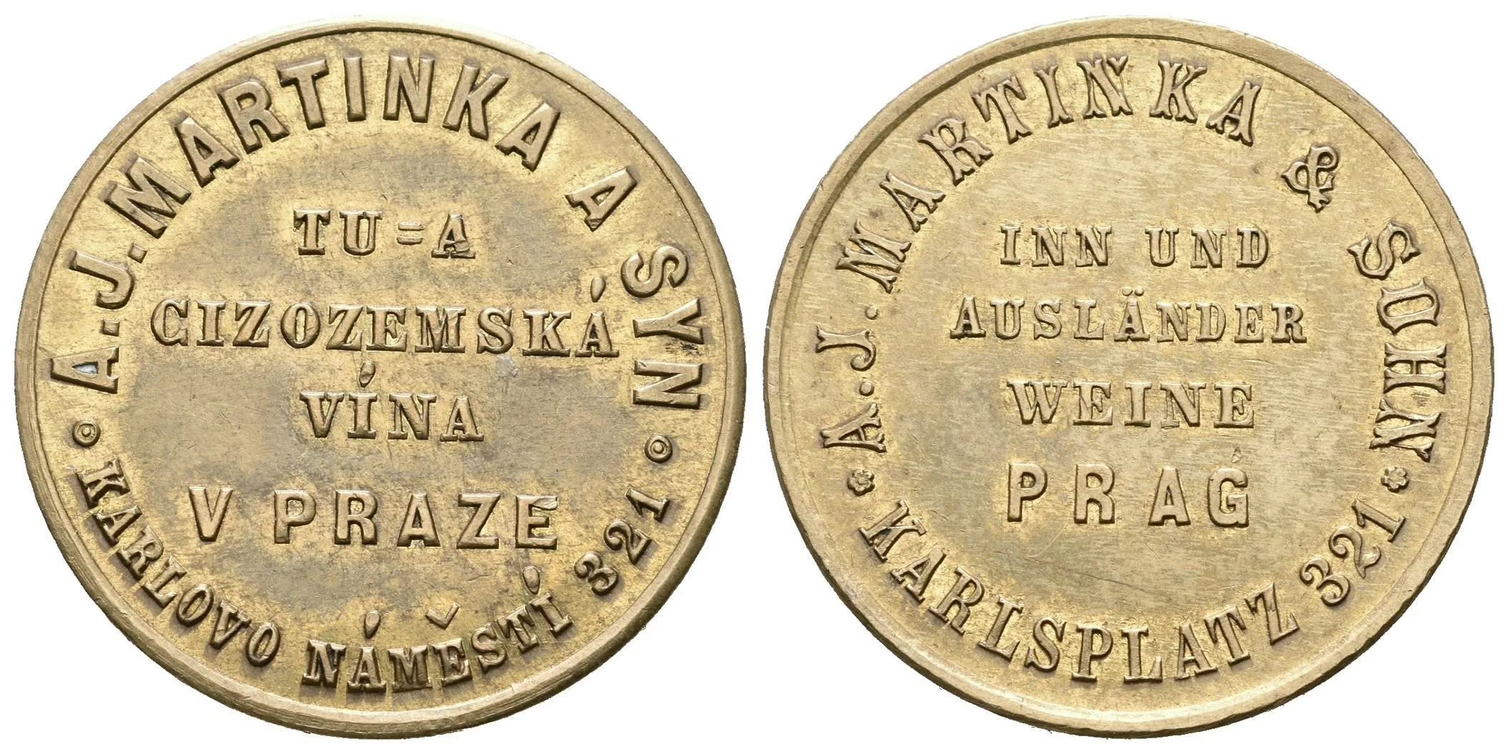 Praha - A. J. Martinka a syn, vinařství, reklamní žeton. Ms 27,5 — 1