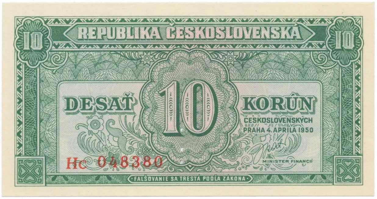 10 Koruna 1950, perforace 3 m.d., Hej.86bS1