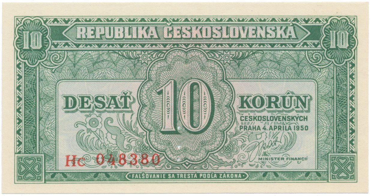 10 Koruna 1950, perforace 3 m.d., Hej.86bS1