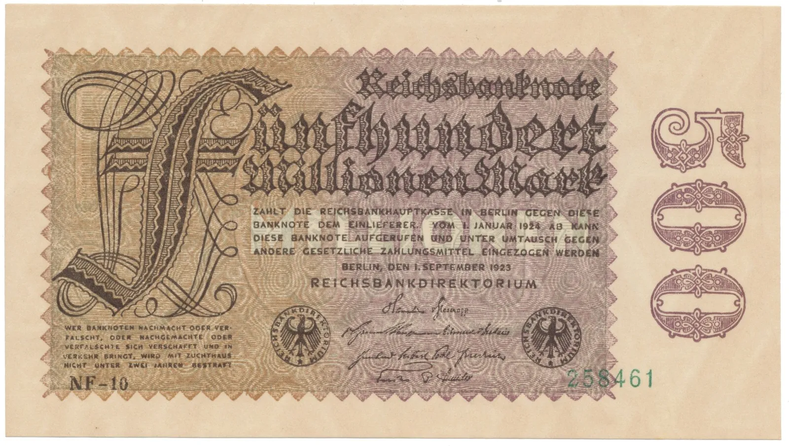 Německo, 500 Millionen Mark 1923, vodoznak Hakensterne, Ro.109d