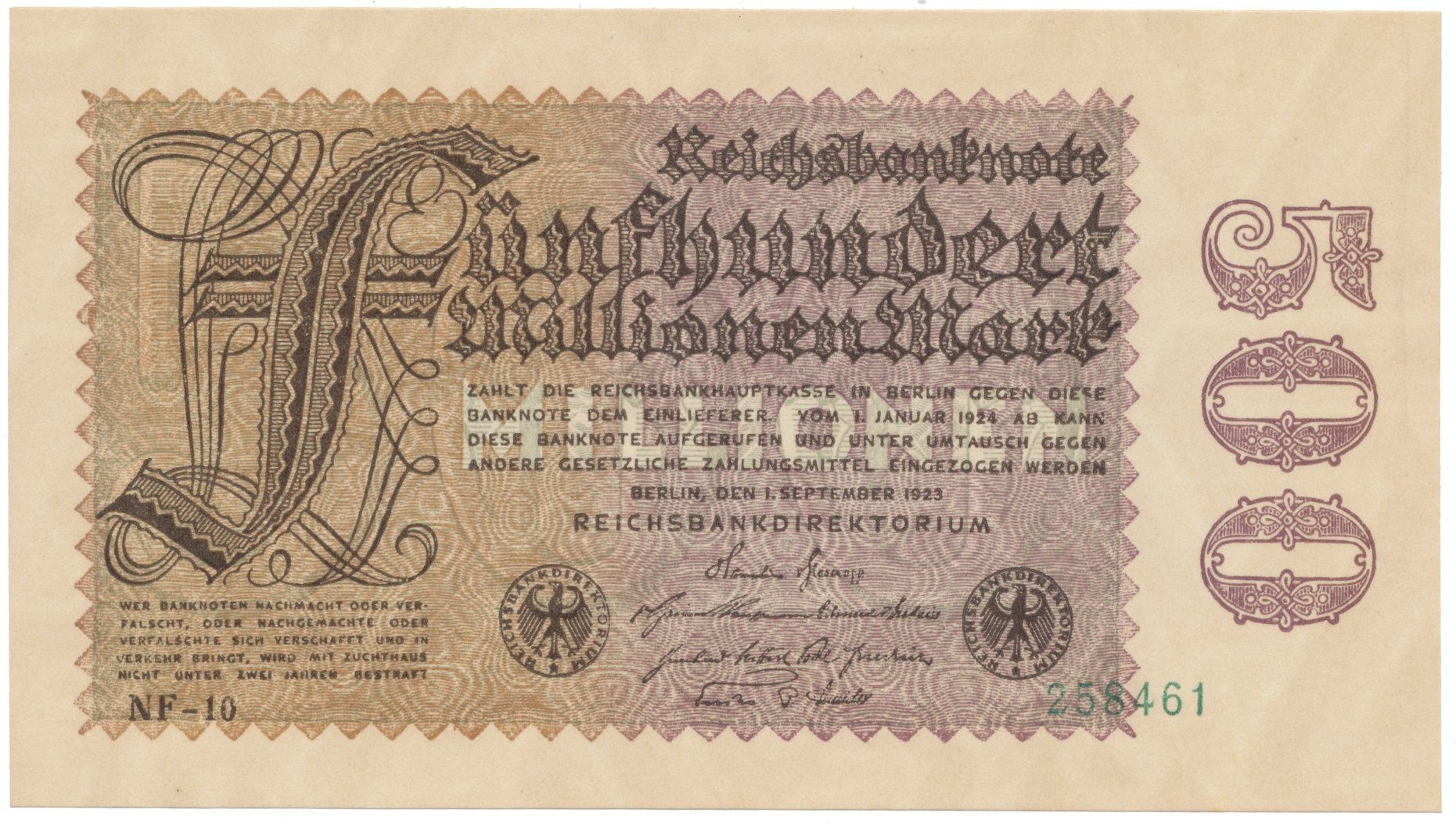 Německo, 500 Millionen Mark 1923, vodoznak Hakensterne, Ro.109d