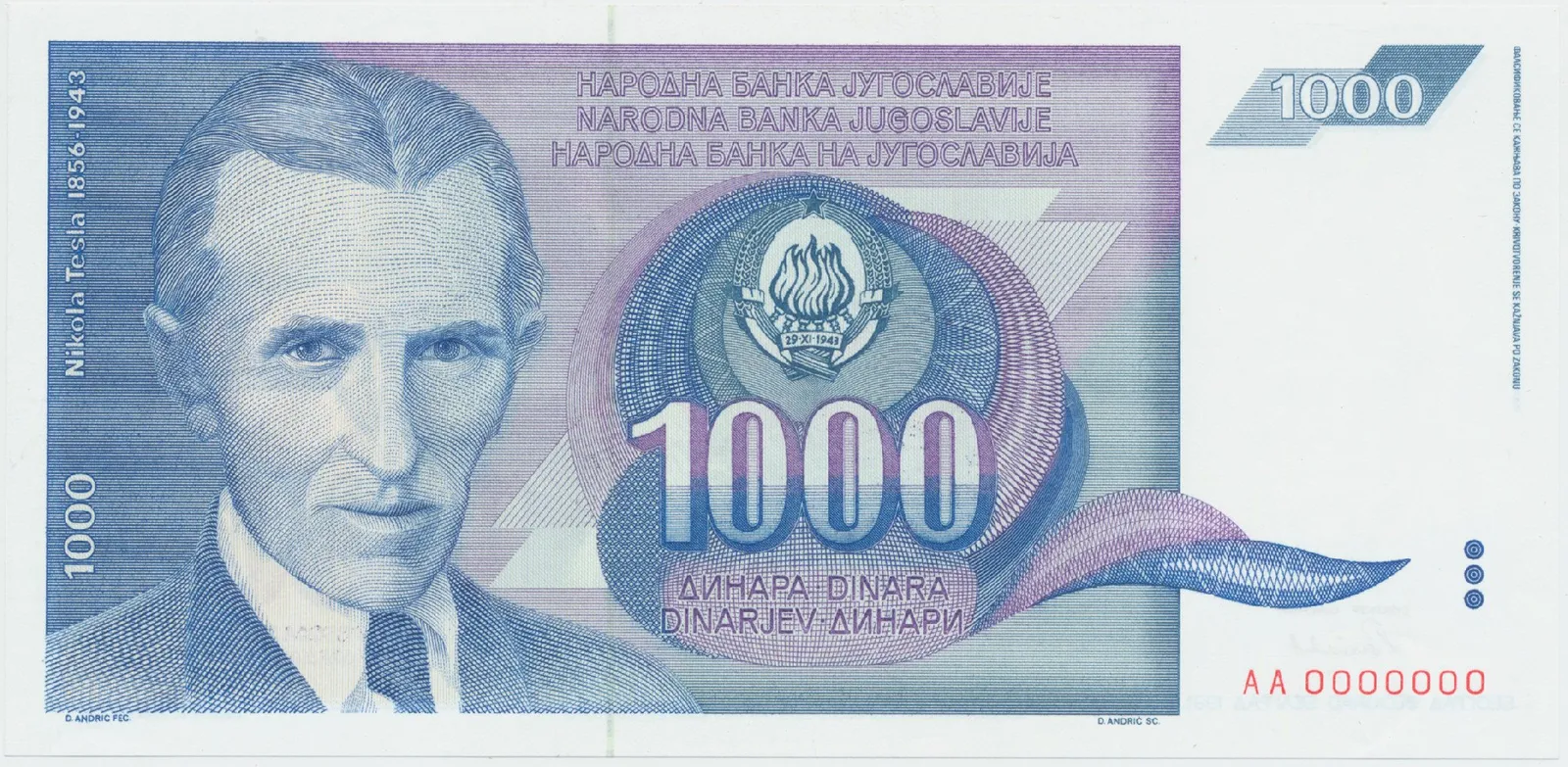 Jugoslávie, 1000 Dinara 1991, anulát AA 0000000, P.110