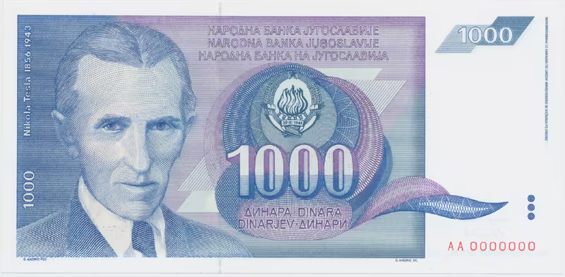 Jugoslávie, 1000 Dinara 1991, anulát AA 0000000, P.110