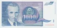 Jugoslávie, 1000 Dinara 1991, anulát AA 0000000, P.110