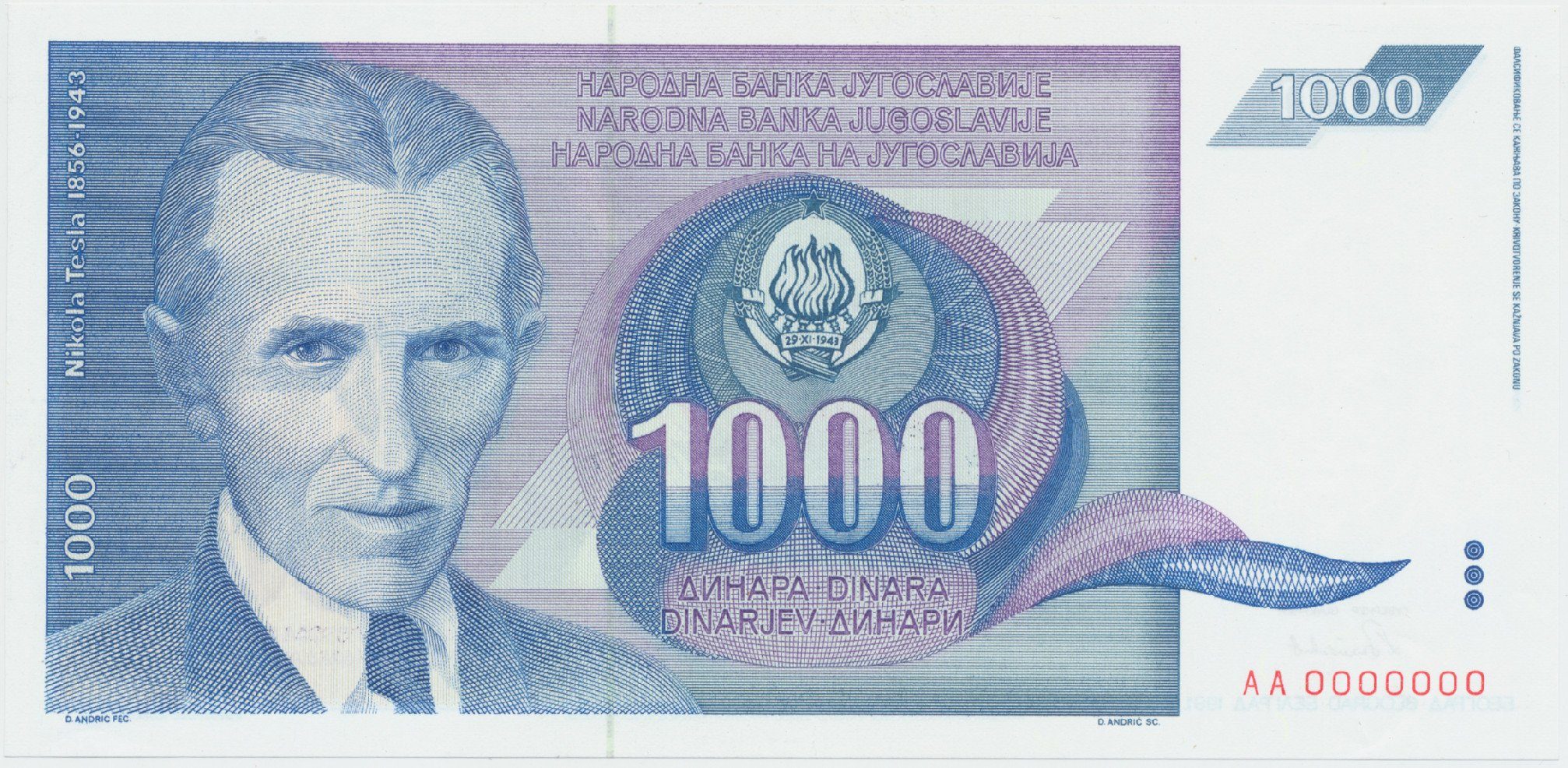 Jugoslávie, 1000 Dinara 1991, anulát AA 0000000, P.110