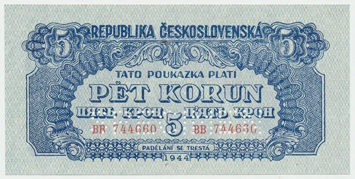 Československo, 5 Koruna 1944, svislý podtisk, 1x SPECIMEN dole, Hej.57b.S2