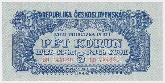 Československo, 5 Koruna 1944, svislý podtisk, 1x SPECIMEN dole, Hej.57b.S2