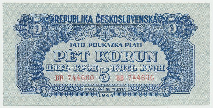 Československo, 5 Koruna 1944, svislý podtisk, 1x SPECIMEN dole, Hej.57b.S2