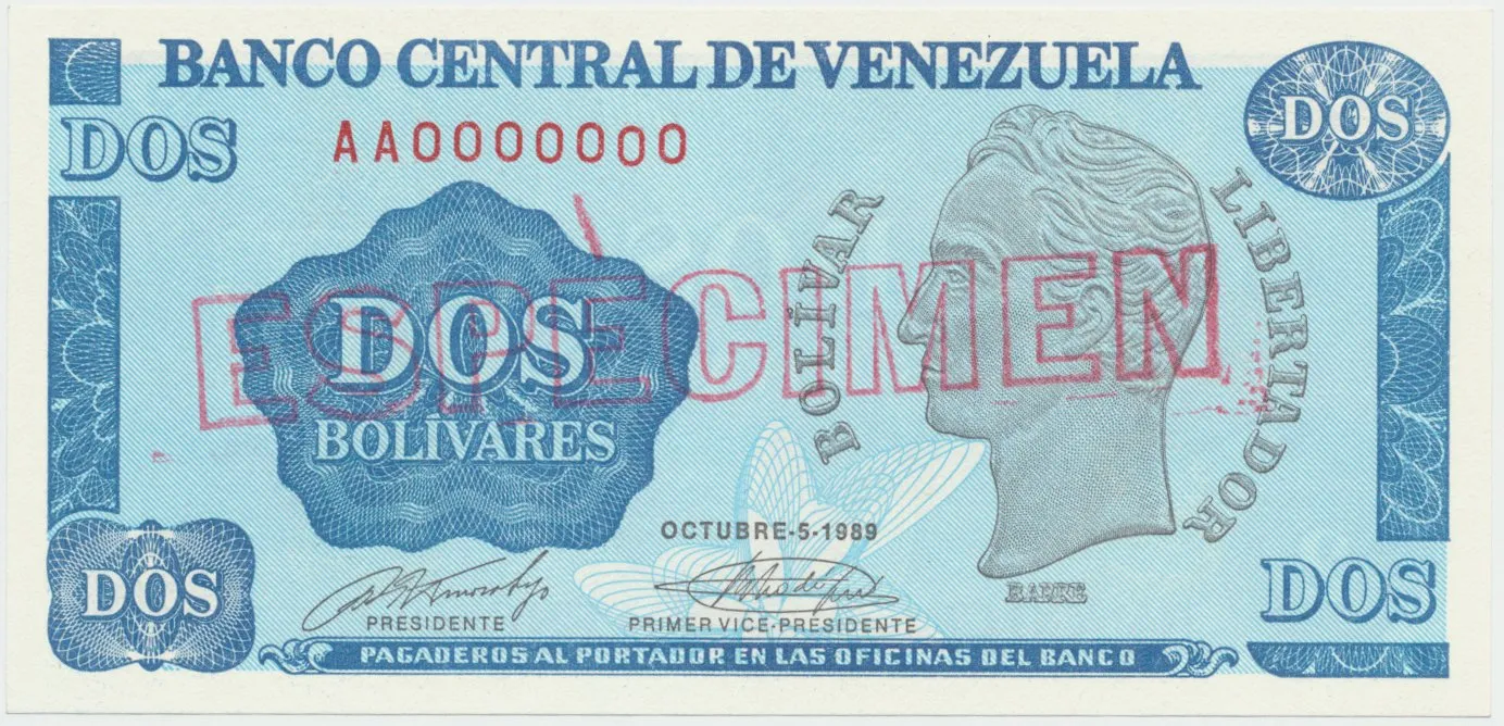 Venezuela, 2 Bolivares 1989, anulát - ESPECIMEN, P.69s
