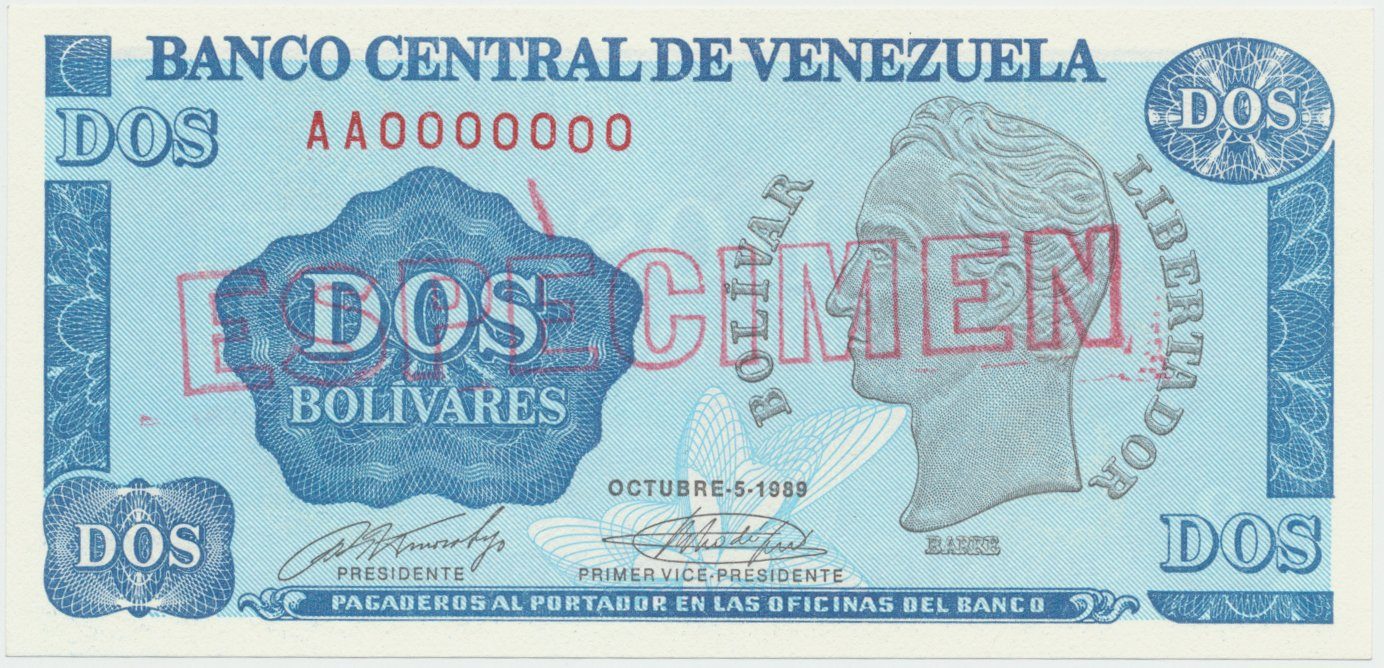 Venezuela, 2 Bolivares 1989, anulát - ESPECIMEN, P.69s