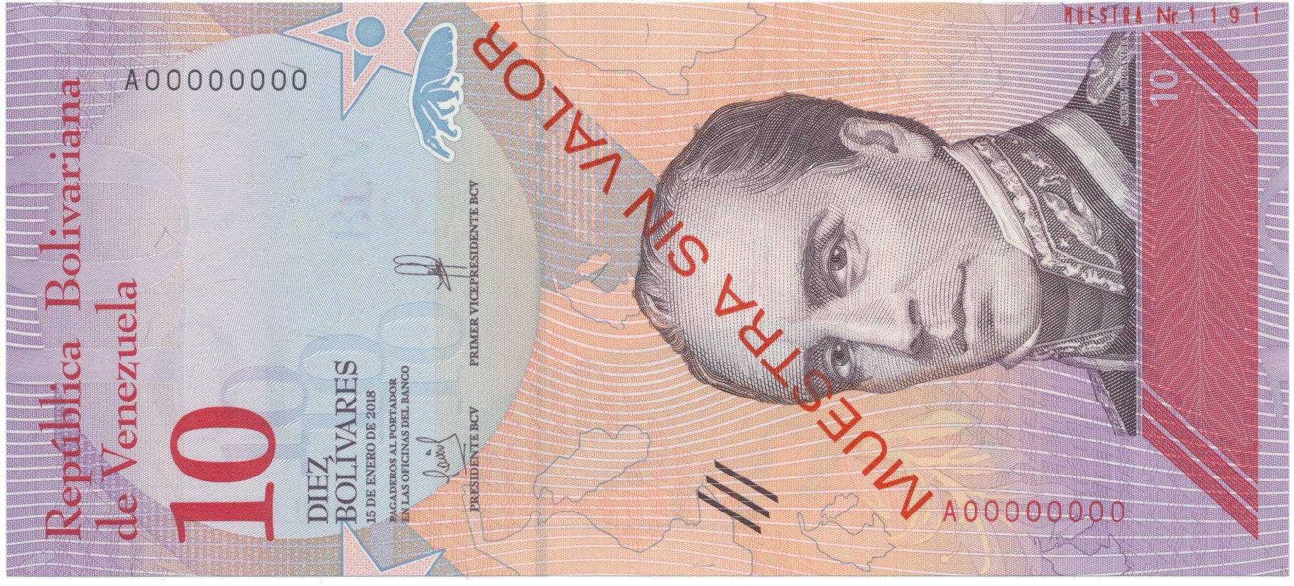 Venezuela, 10 Bolivares 2018, anulát - MUESTRA SIN VALOR, P.103as