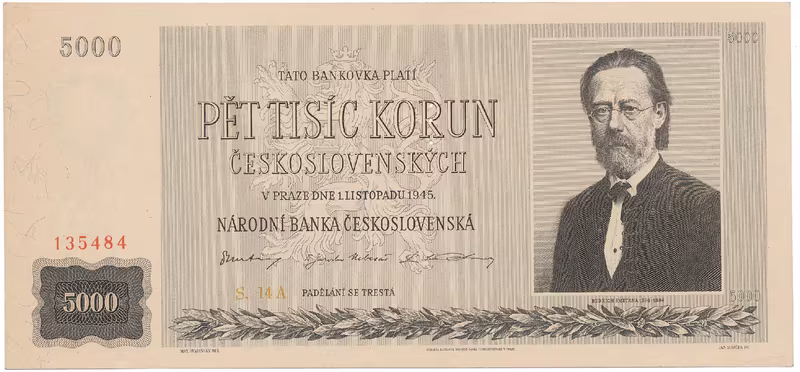 Československo, 5000 Koruna 1945, perforace 3 md svisle, Hej.80a.S1