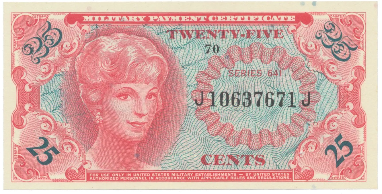 USA, vojenské vydání MPC, 25 Cents (1965), P.M59
