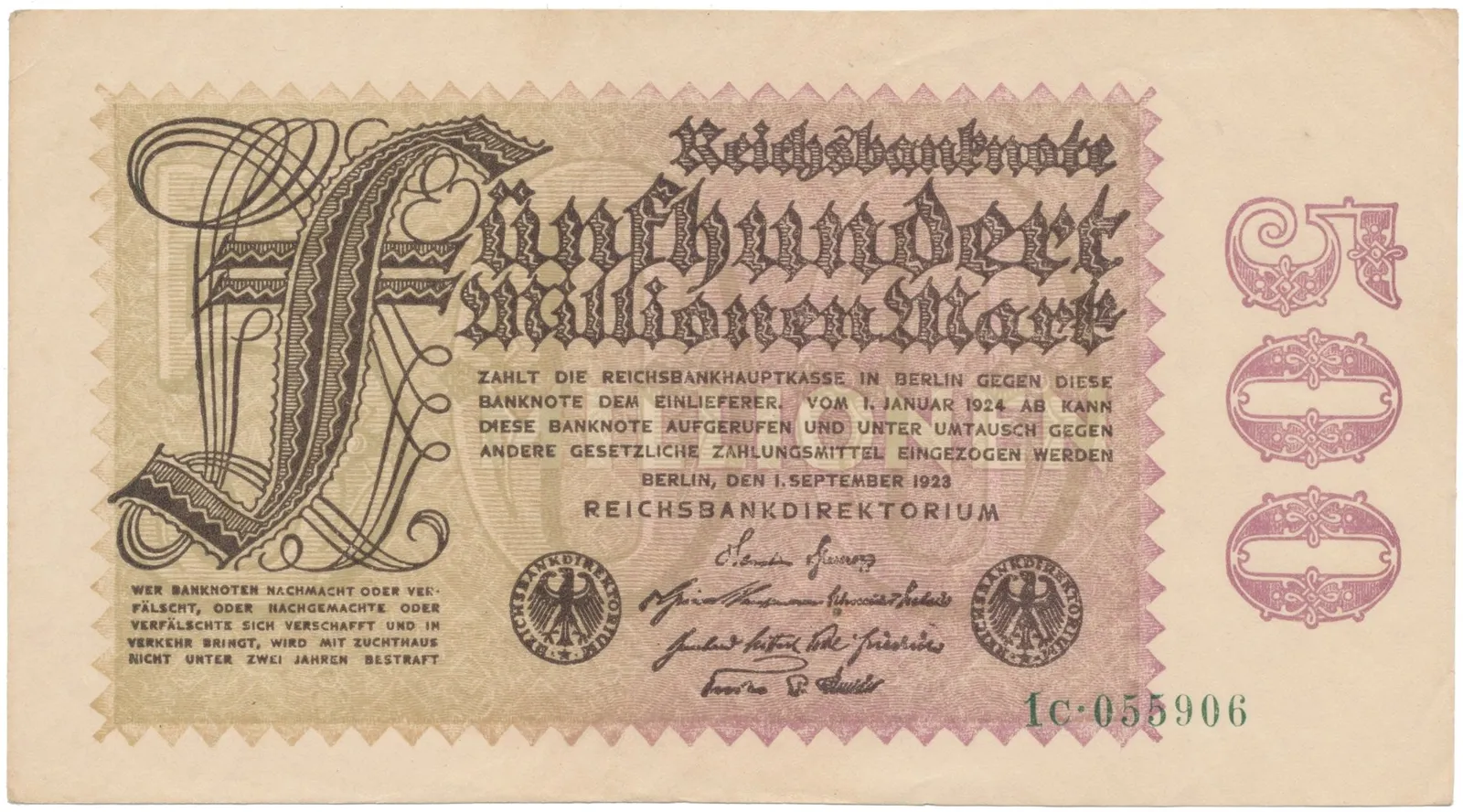 Německo, 500 Millionen Mark 1923, vodoznak Kreuzblütten, Ro.109b