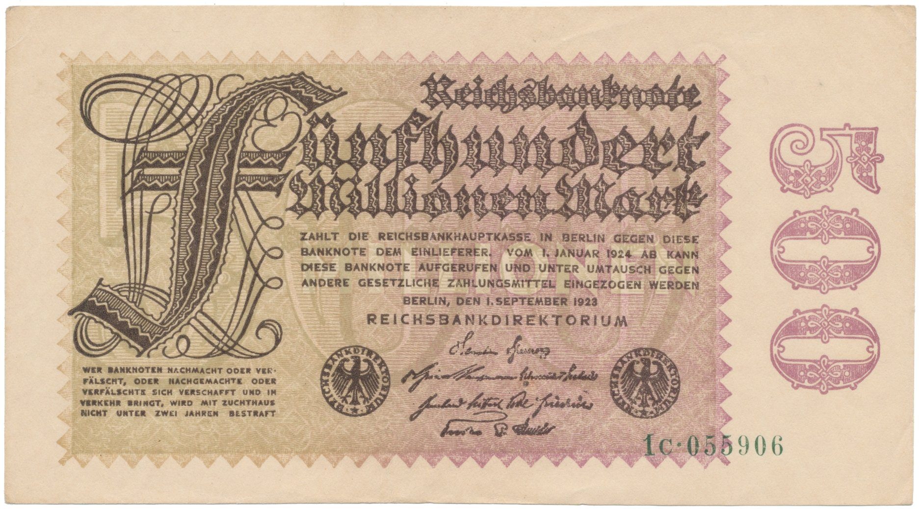 Německo, 500 Millionen Mark 1923, vodoznak Kreuzblütten, Ro.109b