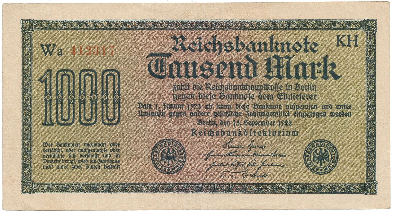 Německo, 1000 Mark 1922, vod. Achterstreifen, Ro.75o