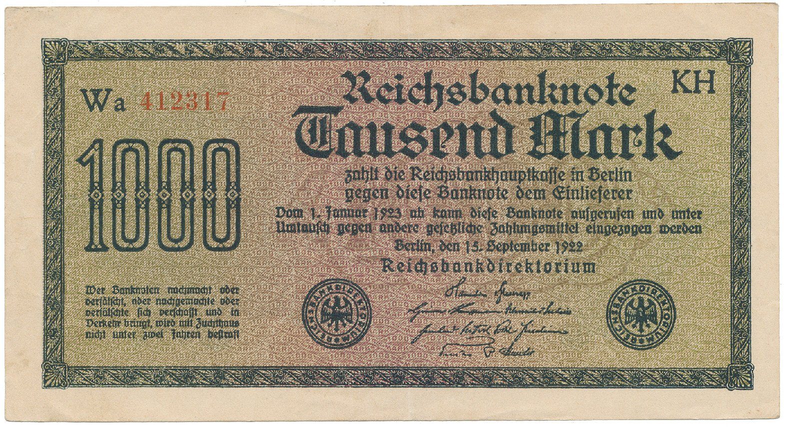 Německo, 1000 Mark 1922, vod. Achterstreifen, Ro.75o