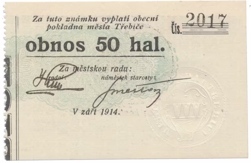 Třebíč - město, 50 hal září 1914, bez série, HH.223.5.8b