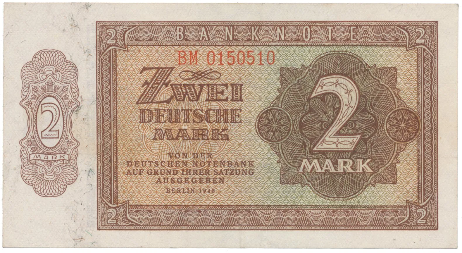 Německo - NDR, 2 DM 1948, tisk NDR (1951), 7-místný číslovač, Ros.341e