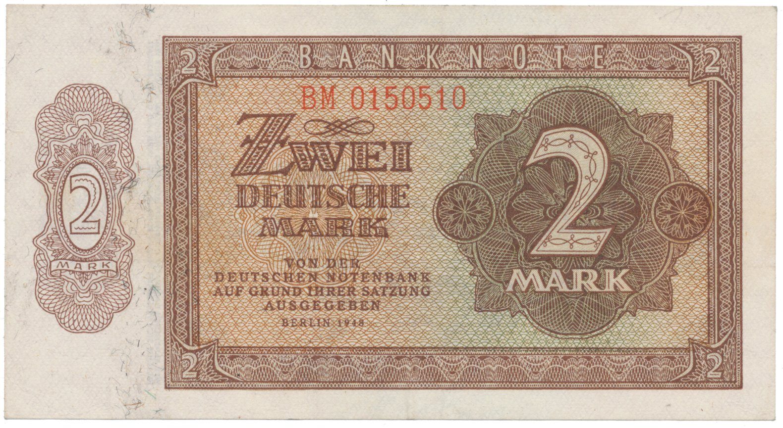 Německo - NDR, 2 DM 1948, tisk NDR (1951), 7-místný číslovač, Ros.341e