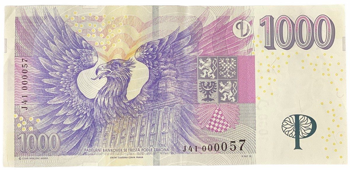 Česká republika, 1000 Koruna 2008, pěkné nízké číslo J 41  000057, Hej.CZ28aJ