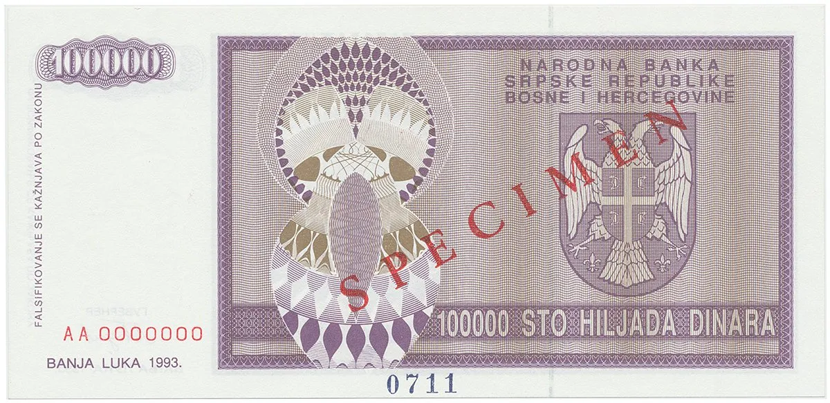 Bosna a Hercegovina, 100.000 Dinara 1993, bankovní vzor, AA 0000000, přet. SPECIMEN, P.141s
