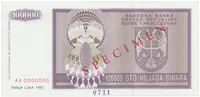 Bosna a Hercegovina, 100.000 Dinara 1993, bankovní vzor, AA 0000000, přet. SPECIMEN, P.141s