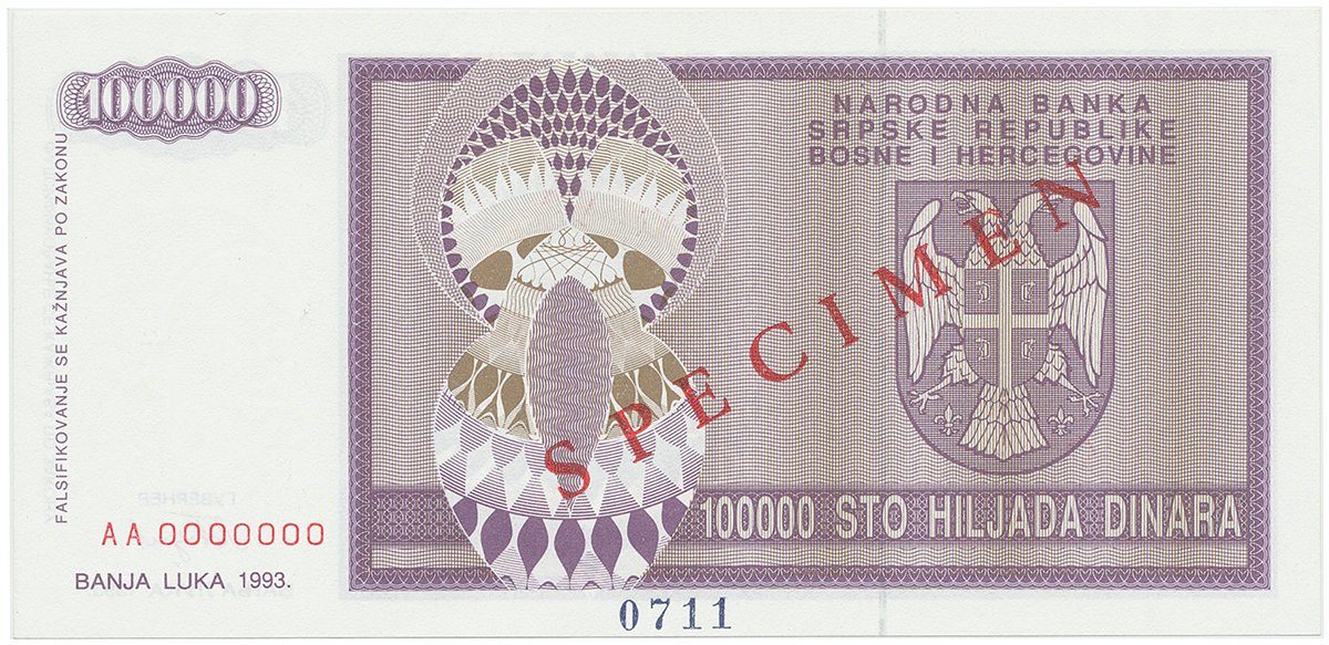 Bosna a Hercegovina, 100.000 Dinara 1993, bankovní vzor, AA 0000000, přet. SPECIMEN, P.141s