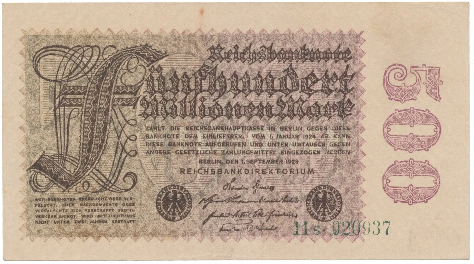 Německo, 500 Millionen Mark 1923, vodoznak Kreuzblütten, Ro.109b