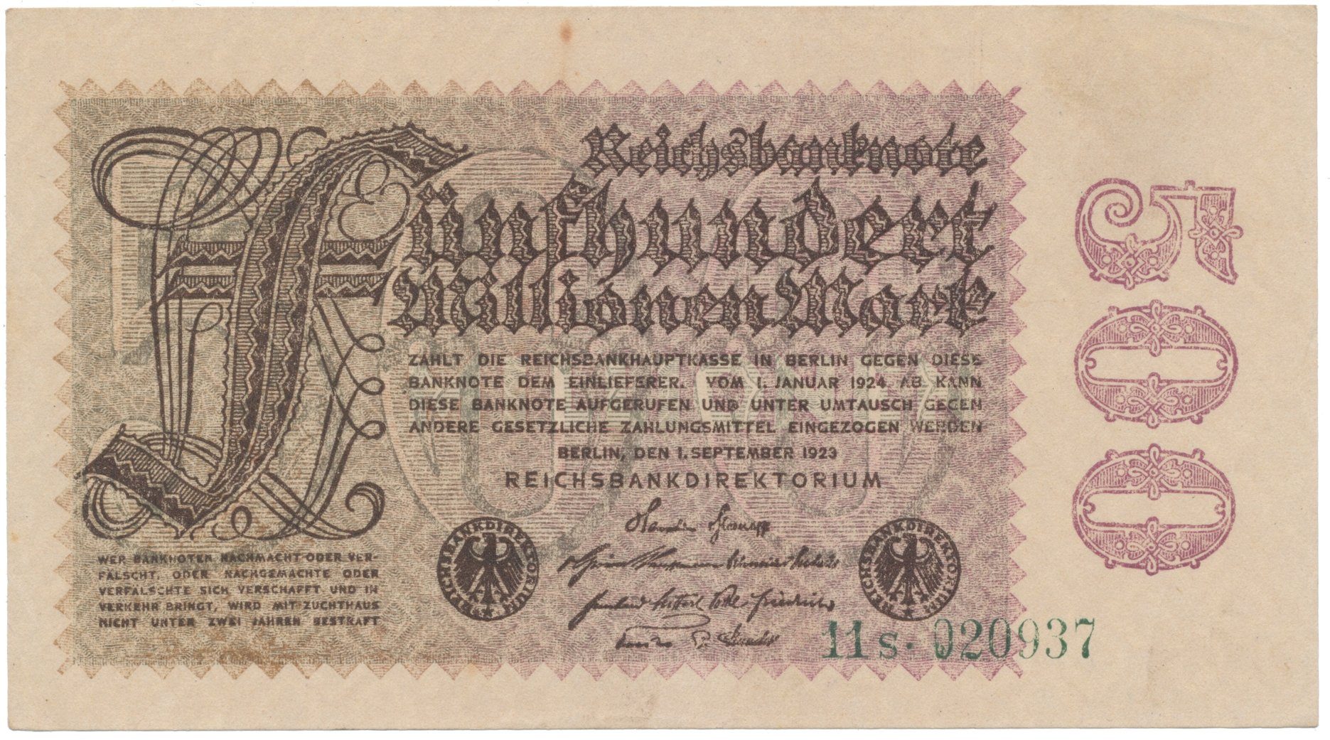 Německo, 500 Millionen Mark 1923, vodoznak Kreuzblütten, Ro.109b